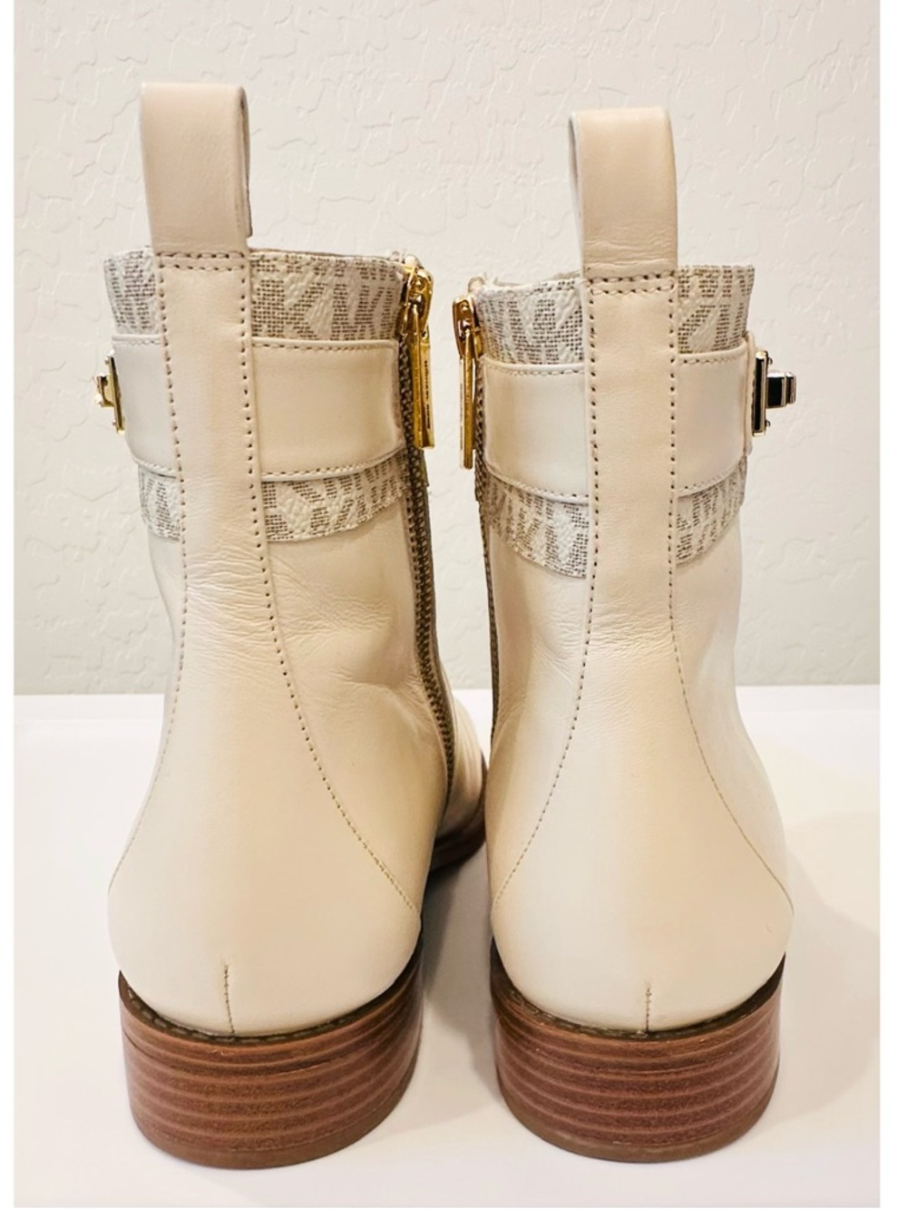 Michael Kors Padma Ankle Booties 9.5M Beige Logo-Trim Strap Women Leather Shoes - Picture 4 of 15